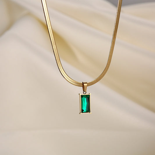 Minimalist Green Rectangular Gem Pendant Titanium Steel Snake Chain
