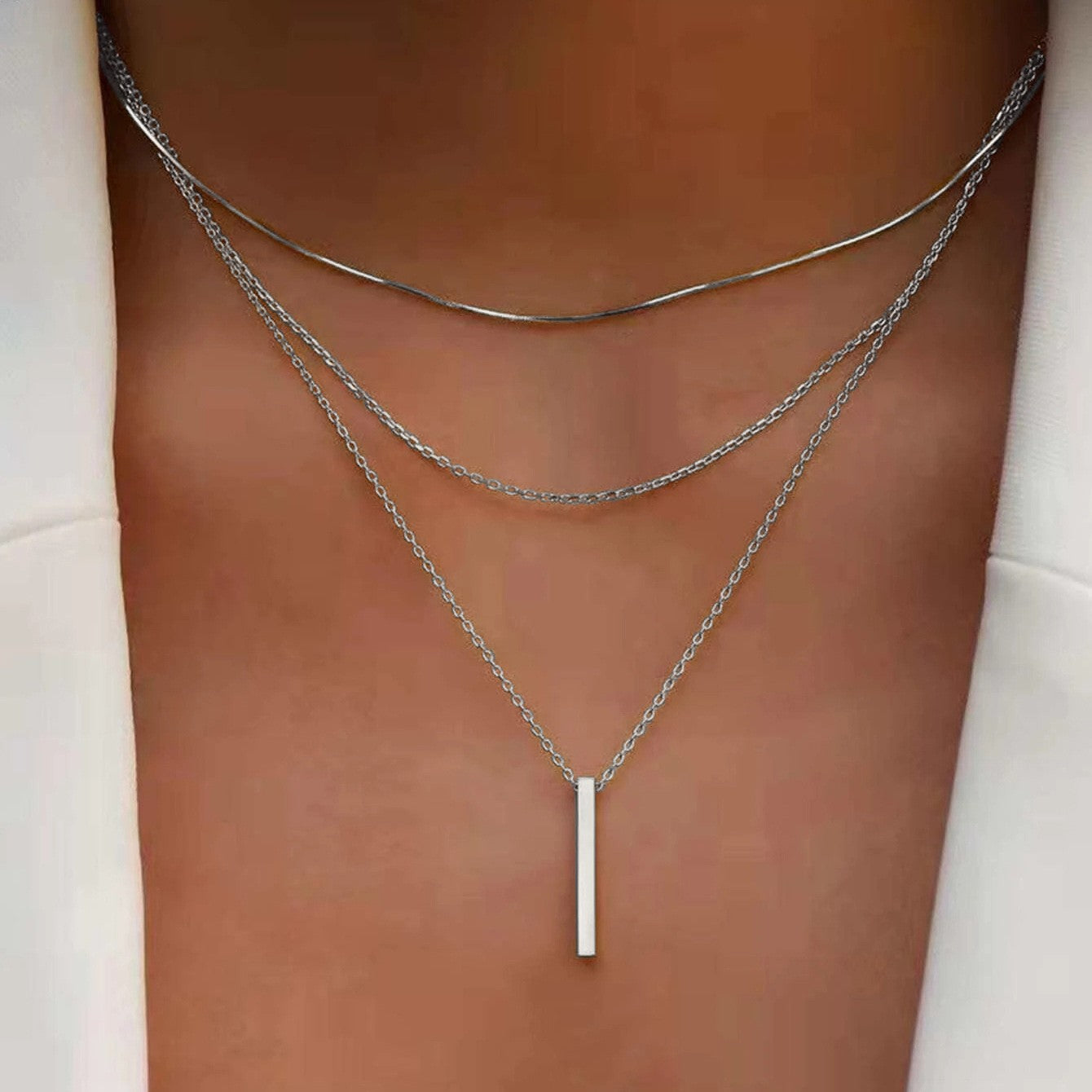 Multi-Layer Diamond Bar Pendant Necklace