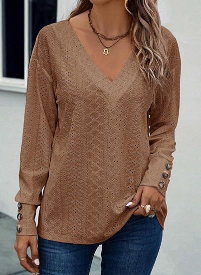 V-Neck Shoulder Long Sleeve Button T-Shirt