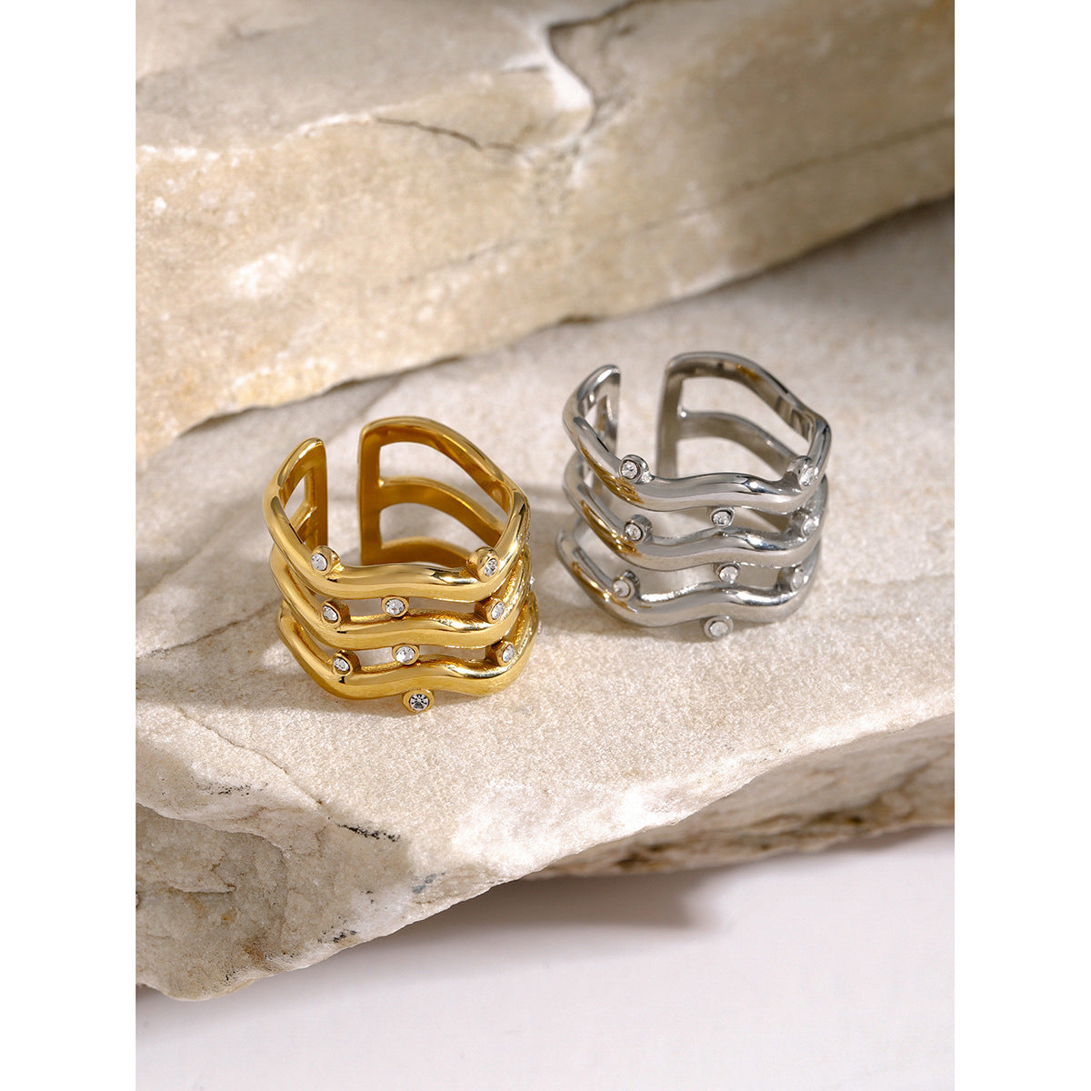 Three-layer ripple rhinestone ring
