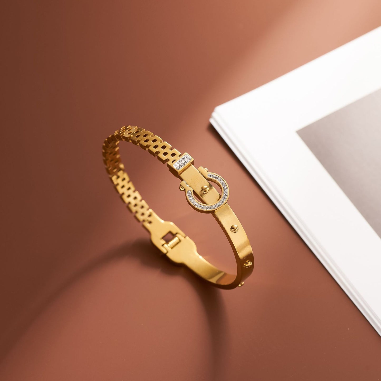 Women's Titanium Steel Horseshoe Bracelet — 18K Gold-Plated, Diamond-Studded