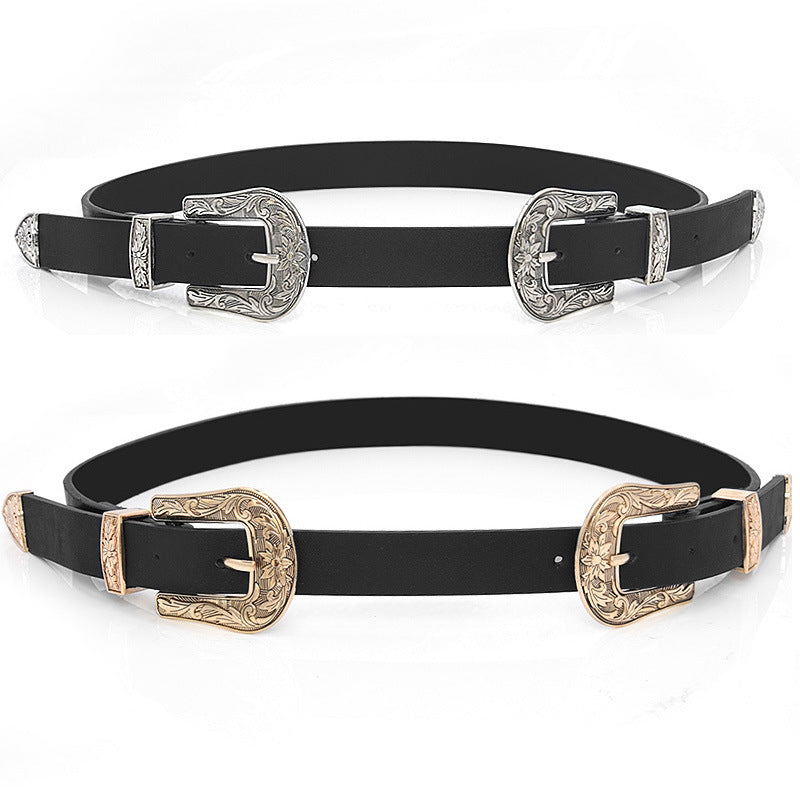 Double Buckle Leather Belt Women's Fine Belt