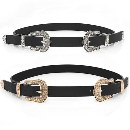 Double Buckle Leather Belt Women's Fine Belt