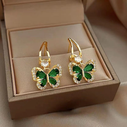 French Vintage Green Zirconium Butterfly Earrings