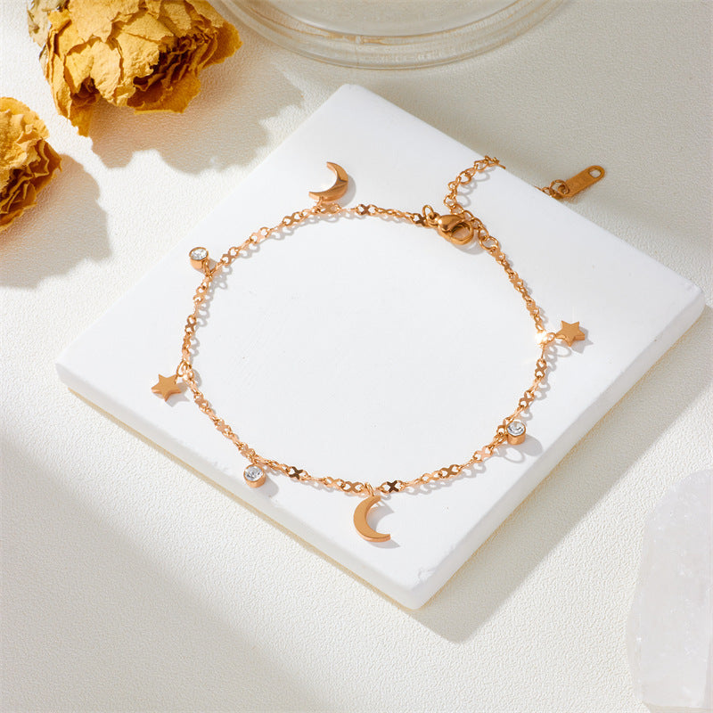 Star & Moon Diamond Titanium Steel Anklet — Rose Gold Plated