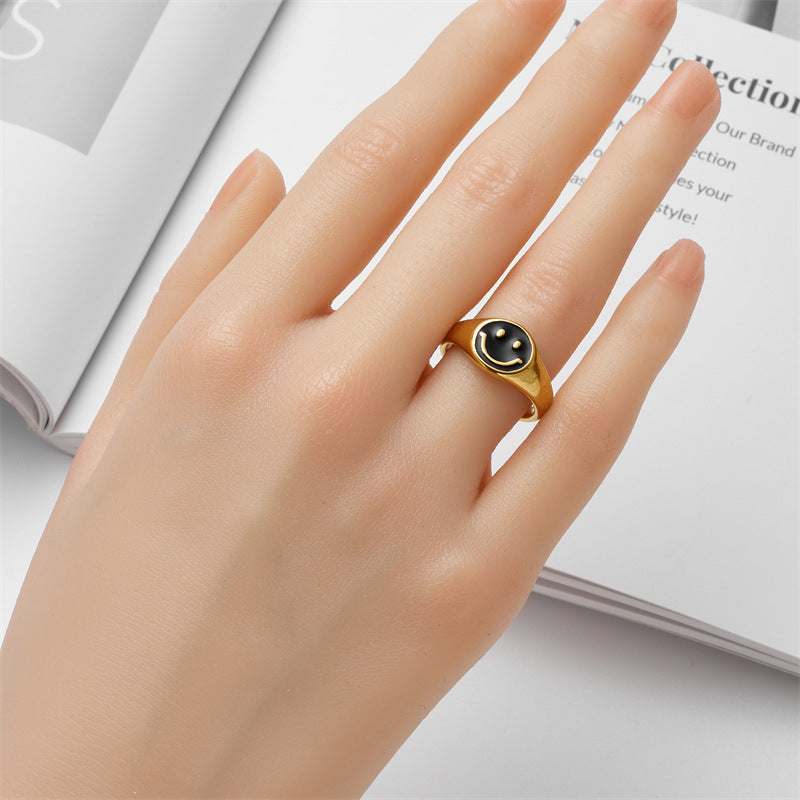 Gold Titanium-Steel Smiley Glaze Fashion Ring