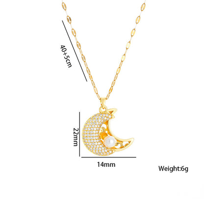 Elegante colar de concha de pérola com coração de lua, aço inoxidável 