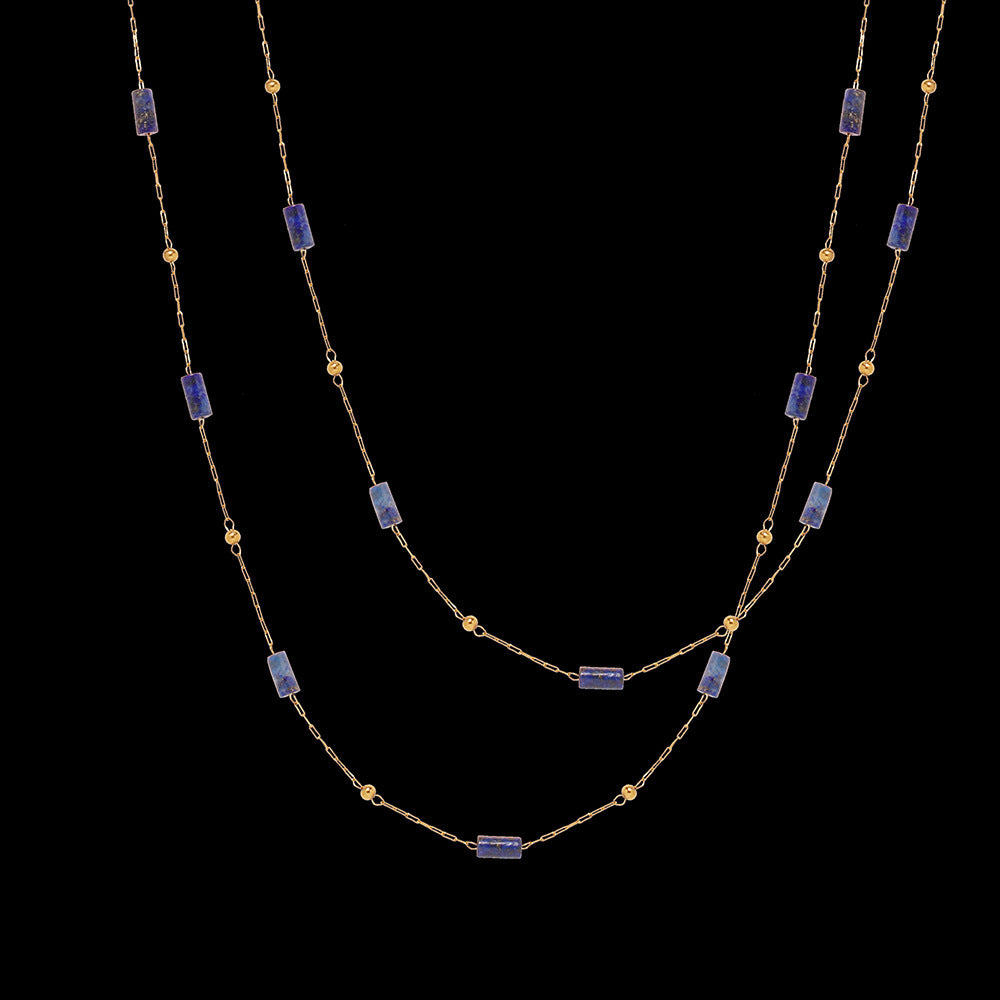 Handmade Lapis Lazuli Tube-Bead Gold-Plated Titanium Steel Collarbone Necklace