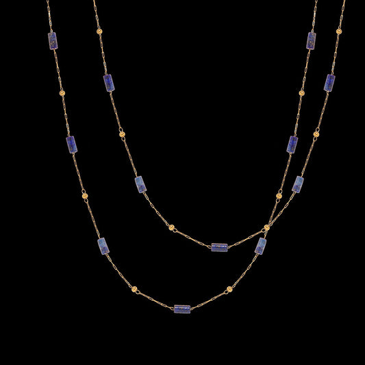 Handmade Lapis Lazuli Tube-Bead Gold-Plated Titanium Steel Collarbone Necklace