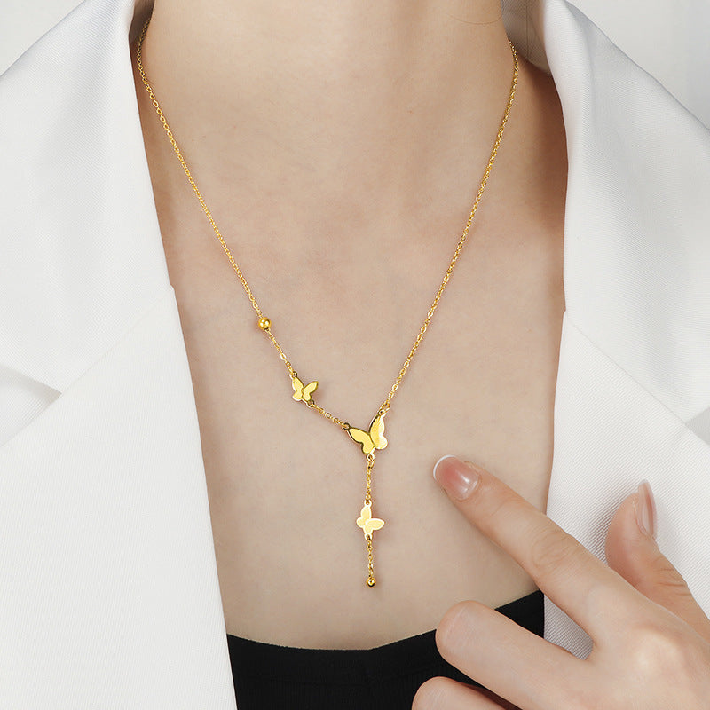 Chinese-Style Butterfly Tassel Collarbone Necklace — 18K Gold-Plated Titanium Steel