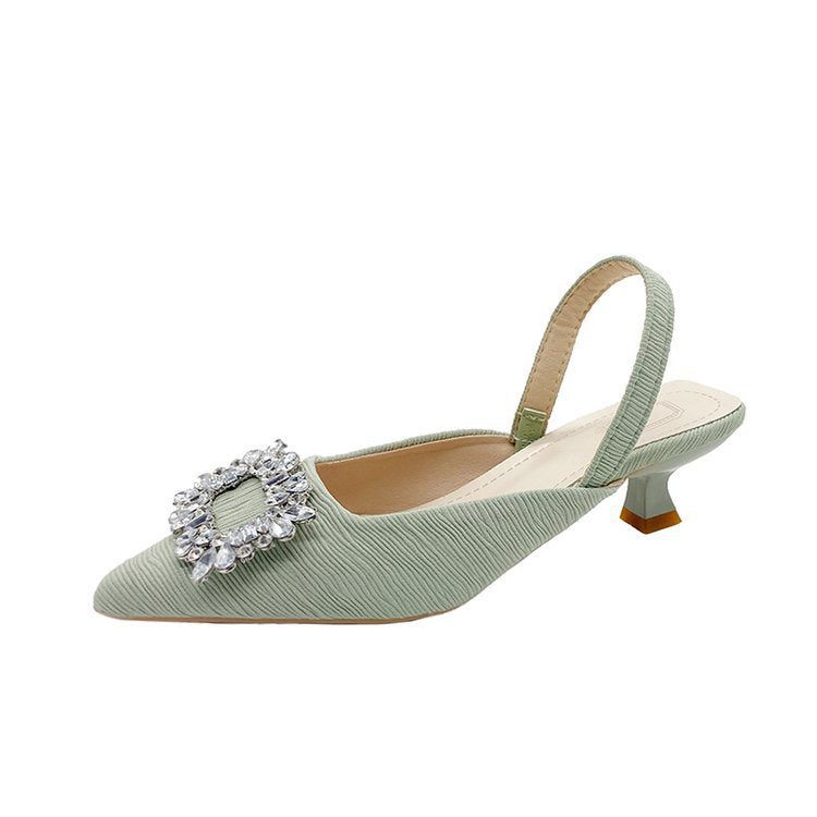 Rhinestone pointed back strap thick heels
