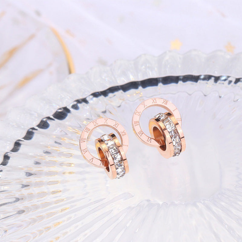 Rose Gold Titanium Steel Small Circle Heart Stud Earrings