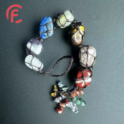 Pingente de carro tecido à mão com pedra crua irregular de cristal colorido de 7 cores 