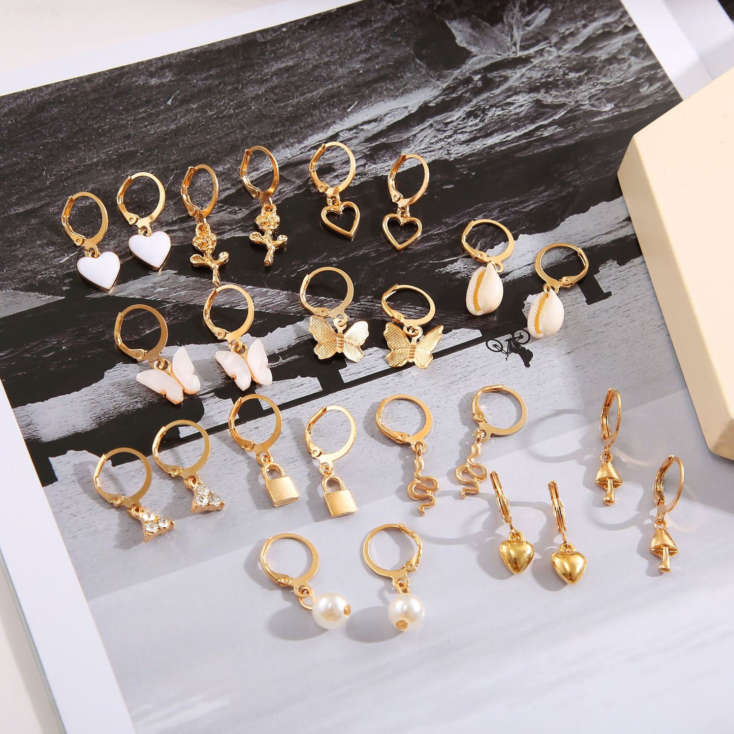 12-Piece Assorted Lock & Charm Hoop Earrings Set