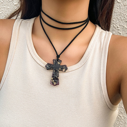 Black rope flannel cross necklace