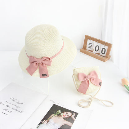 Straw Sun Hat for Kids Lace Bow 2-Piece Set