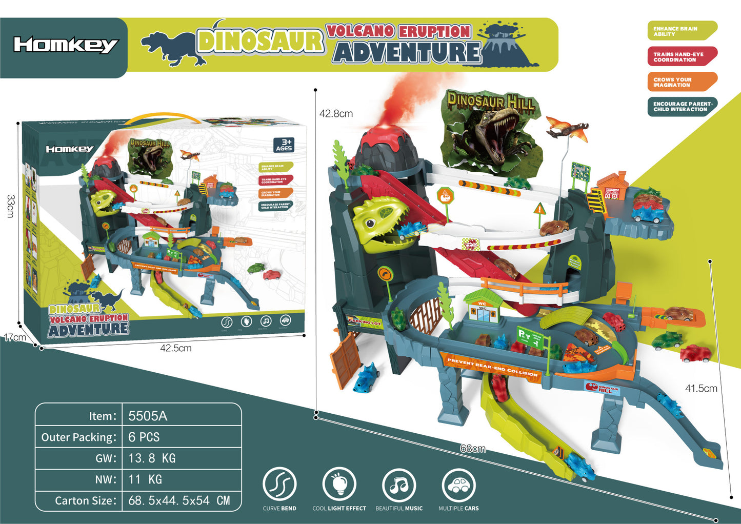 Dinosaur Mountain Track Car Adventure Aparcamiento Juguete para niños de 3 a 4 años 