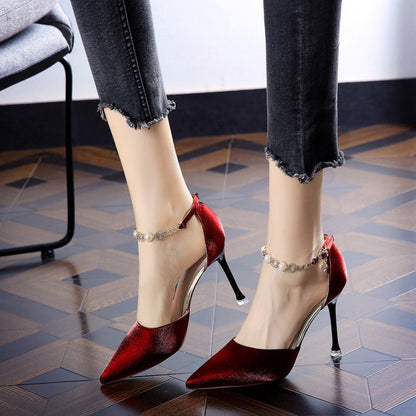 Sexy satin with red soles and high heels