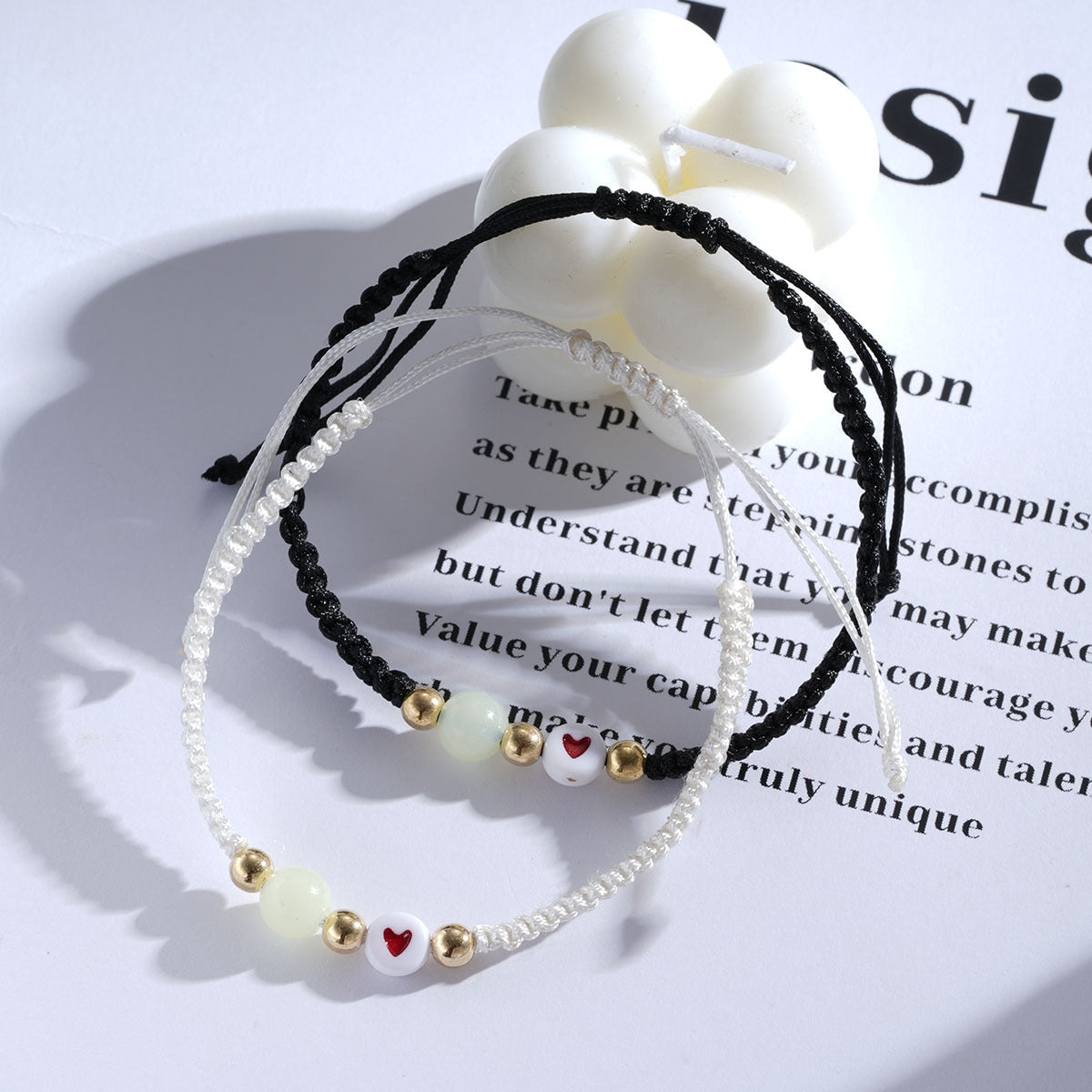 Luminous Peach Heart Woven Couple Bracelets (2-Piece)