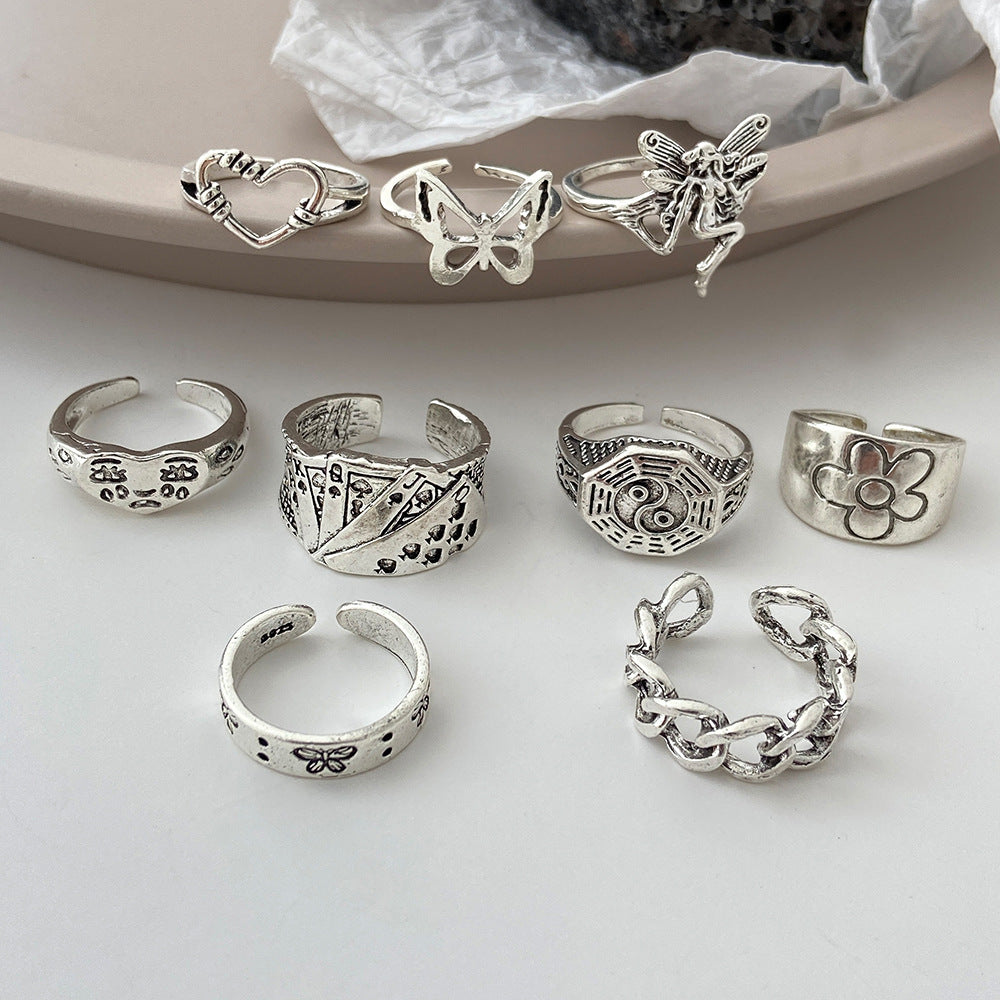 Retro Crying Face & Daisy 9-Piece Ring Set