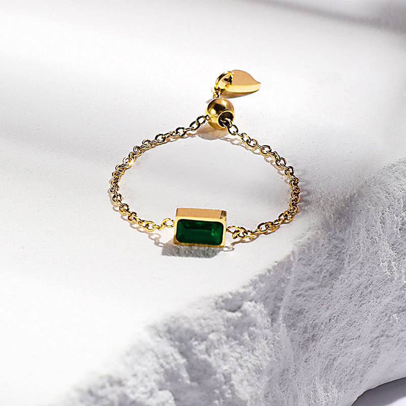 Women's 18K Gold-Plated Titanium Steel Ring with Green Zircon (Adjustable)