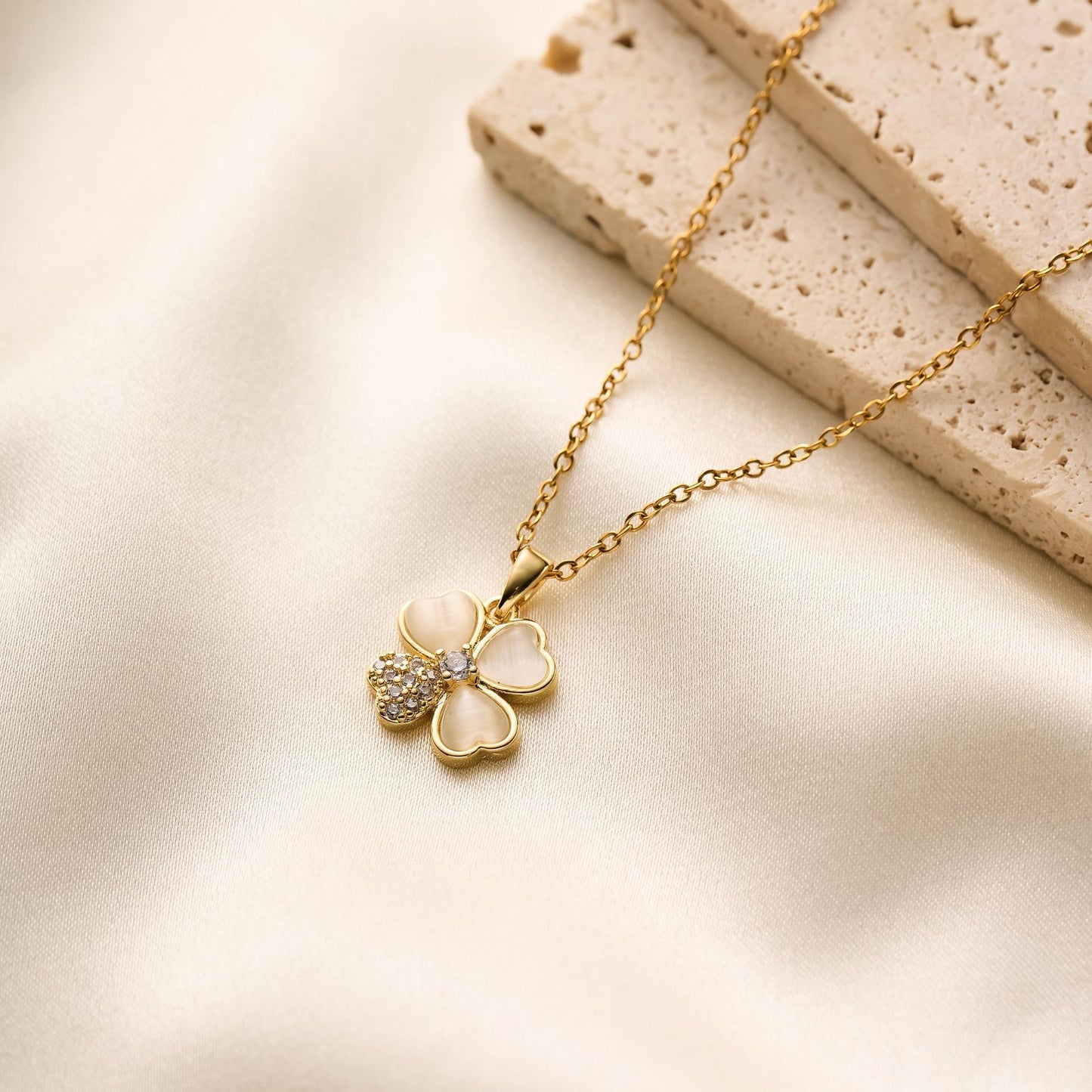 Zircon Opal Four-Leaf Clover Necklace
