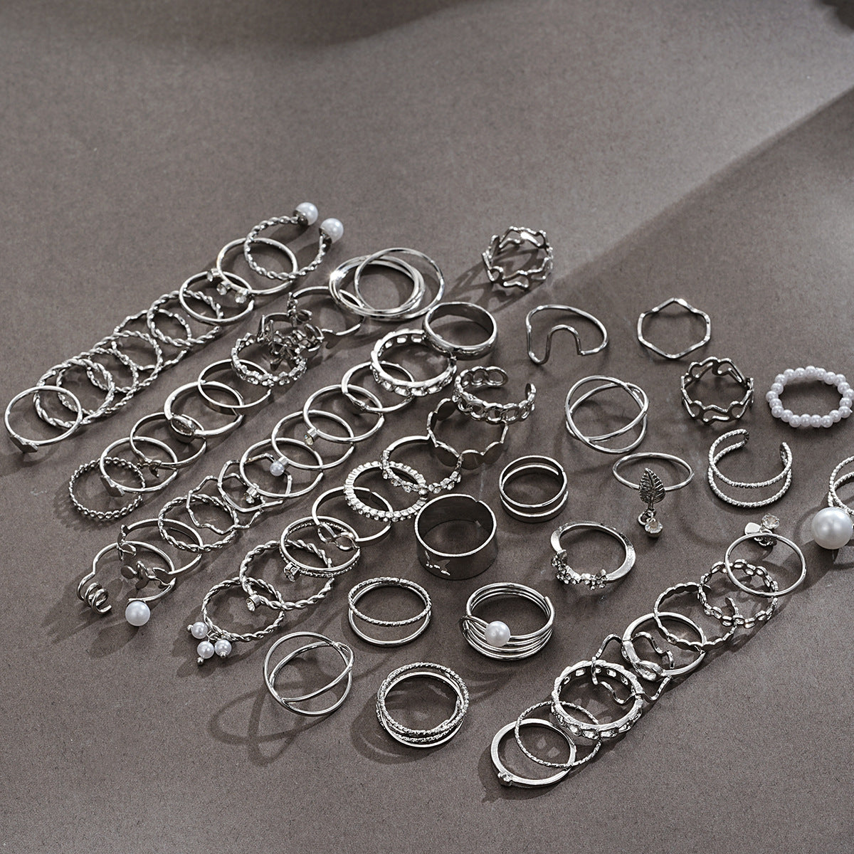 Silver Leaf Heart Pearl Ring Set