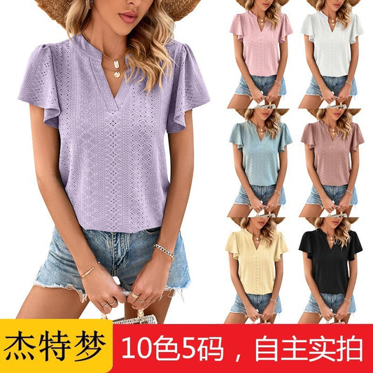 V-Neck Pleated Lotus Leaf Sleeve T-Shirt