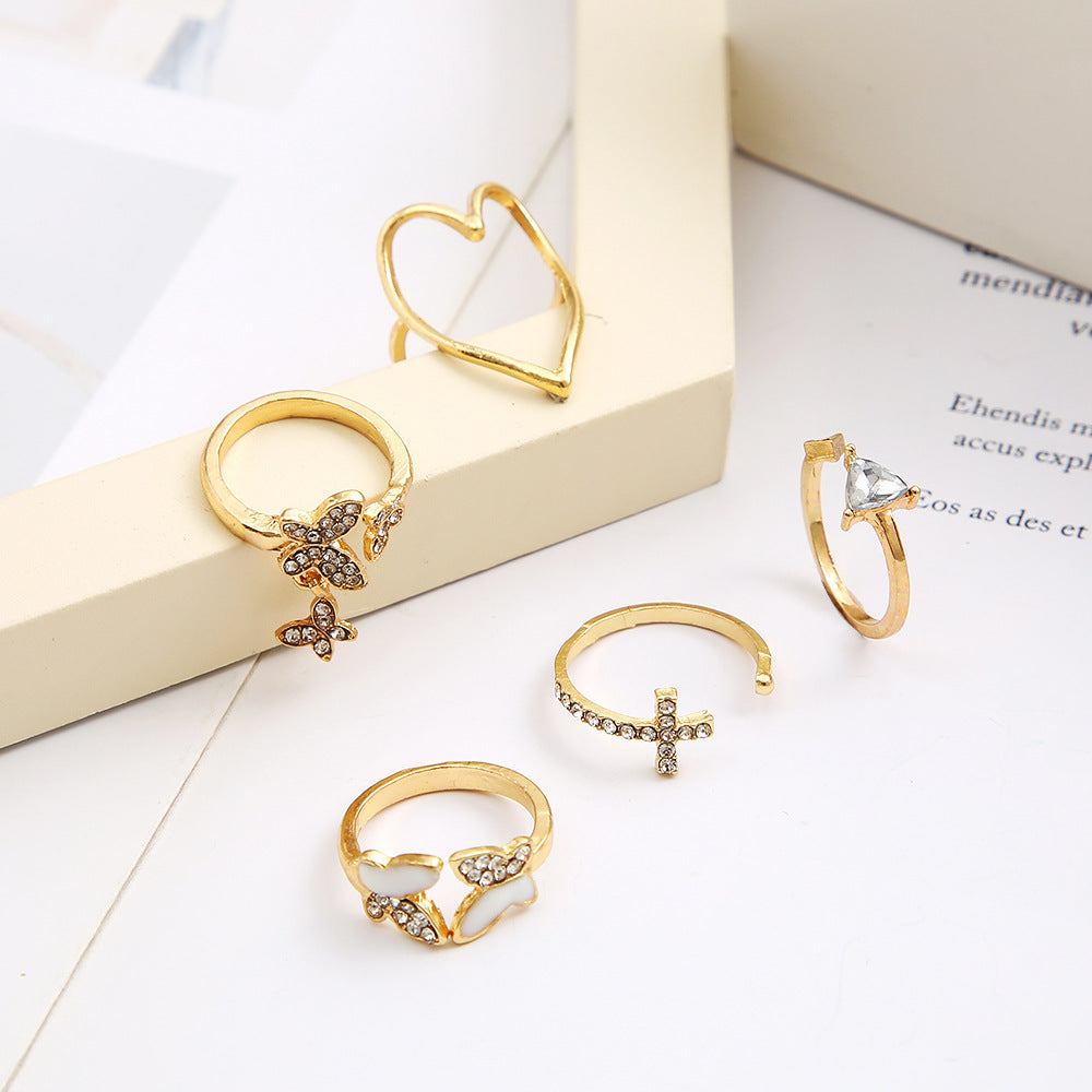 Diamond Butterfly & Love 5-Piece Ring Set