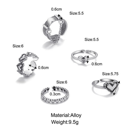 Retro Geometric Open Heart Ring 5-Piece Set