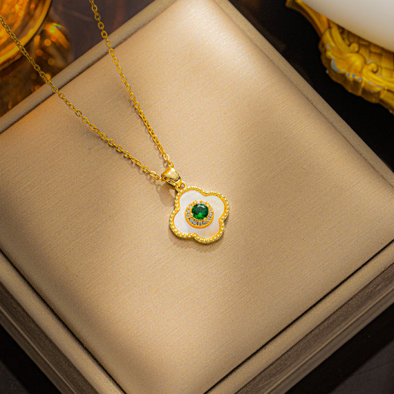 Colar elegante de trevo de quatro folhas, aço titânio com strass completo 