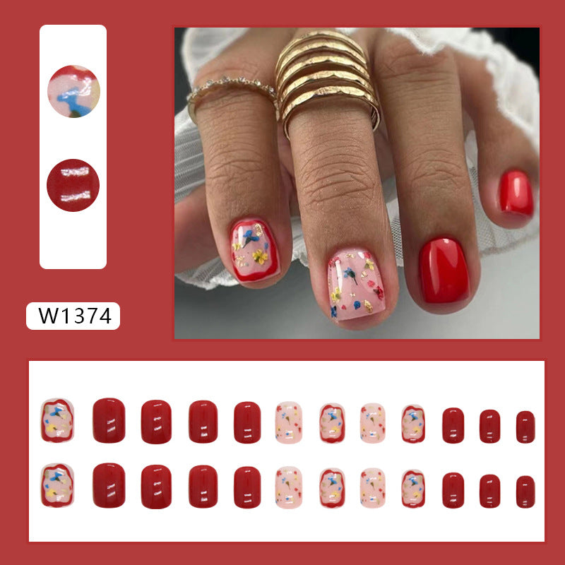 Short Wine Red Floral Square Fake Nails