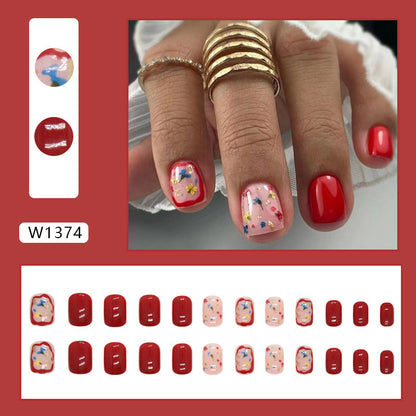 Short Wine Red Floral Square Fake Nails