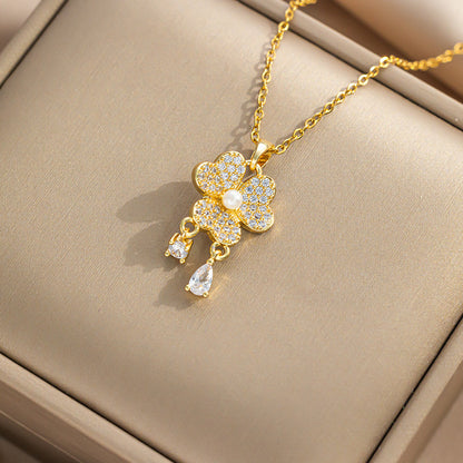 Chic Pearl Fringe Stainless Steel Necklace with Zircon Pendant