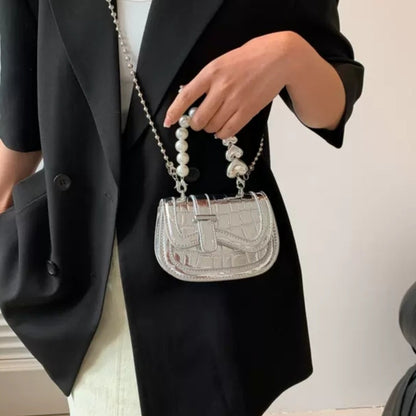 Pearl chain mini silver crossbody bag