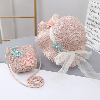Conjunto de sombrero para el sol de verano para niñas, bolsa de paja con protección solar, elegante conjunto de encaje de princesa para bebés 