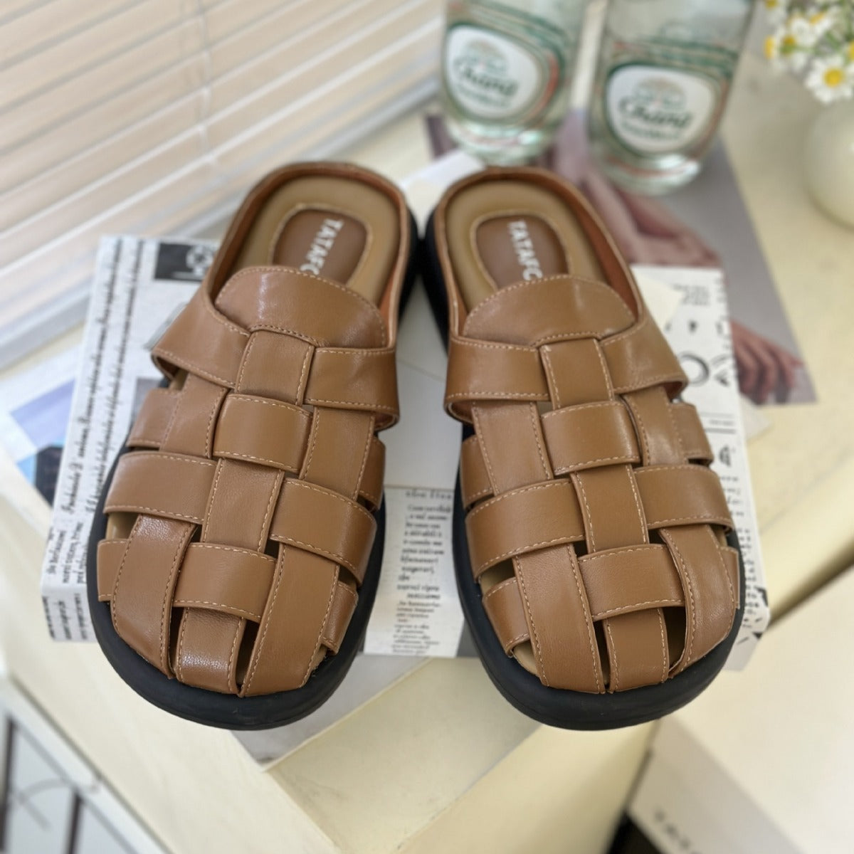 Soft leather half slippers women's new retro weaving