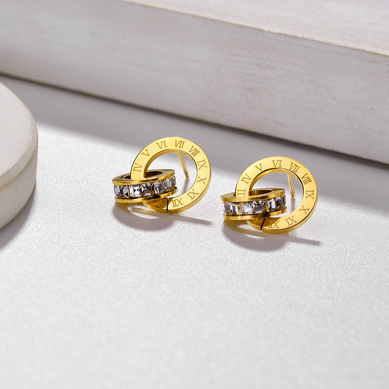 18K Gold-Plated Roman Circle Zircon Stud Earrings (Titanium Steel)