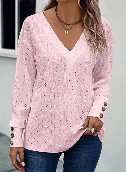 V-Neck Shoulder Long Sleeve Button T-Shirt