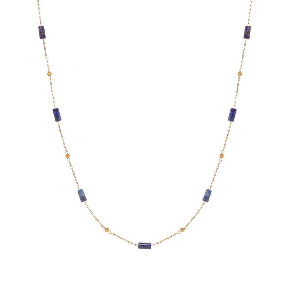 Handmade Lapis Lazuli Tube-Bead Gold-Plated Titanium Steel Collarbone Necklace