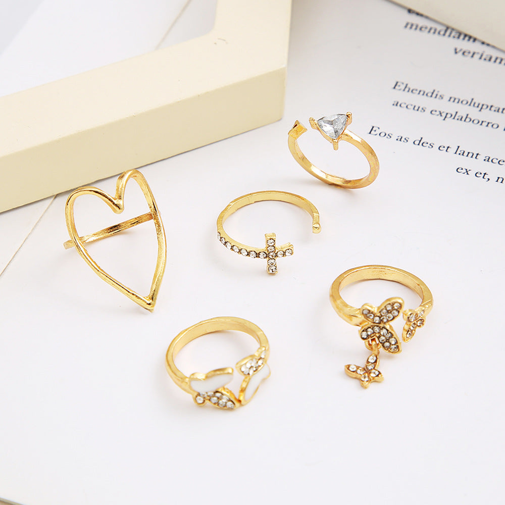 Diamond Butterfly & Love 5-Piece Ring Set