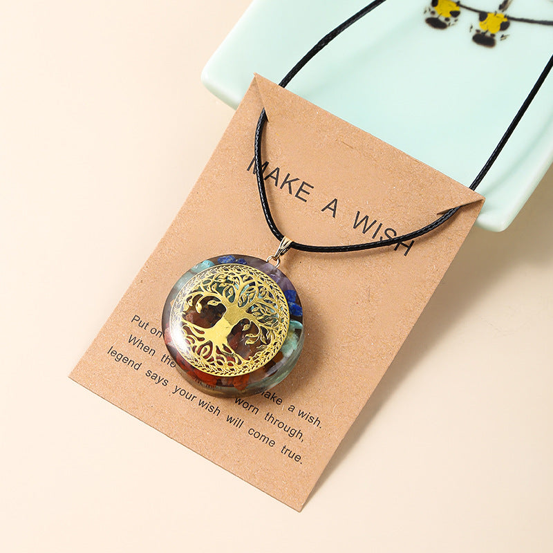 Colorful Crystal Gravel Resin Round Tree of Life Necklace
