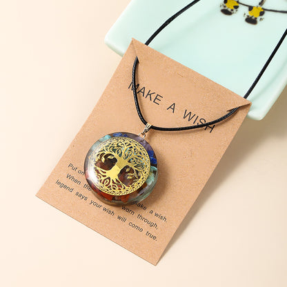 Colorful Crystal Gravel Resin Round Tree of Life Necklace