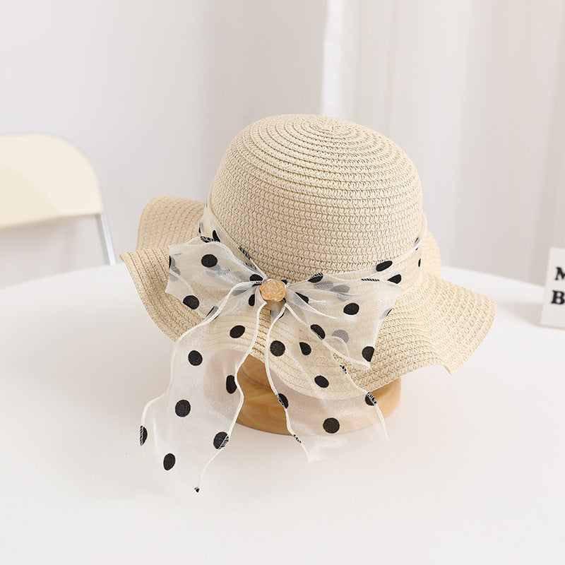 Girls' Polka Dot Bow Kids Bag Straw Beach Sun Hat