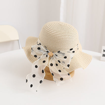 Girls' Polka Dot Bow Kids Bag Straw Beach Sun Hat