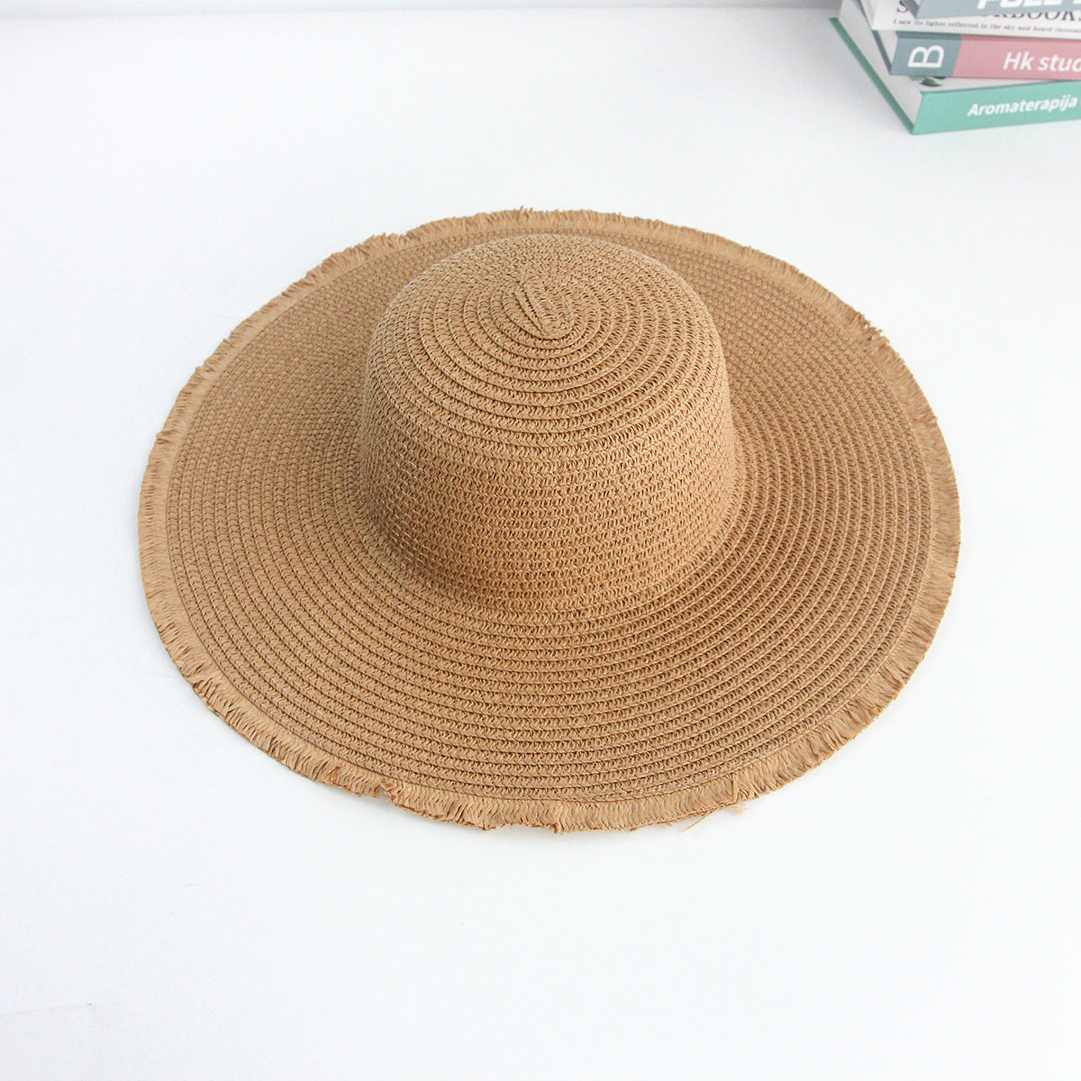 Frayed Wide-Brim Straw Hat Women Summer Sun Protection DIY Blank Vacation Hat