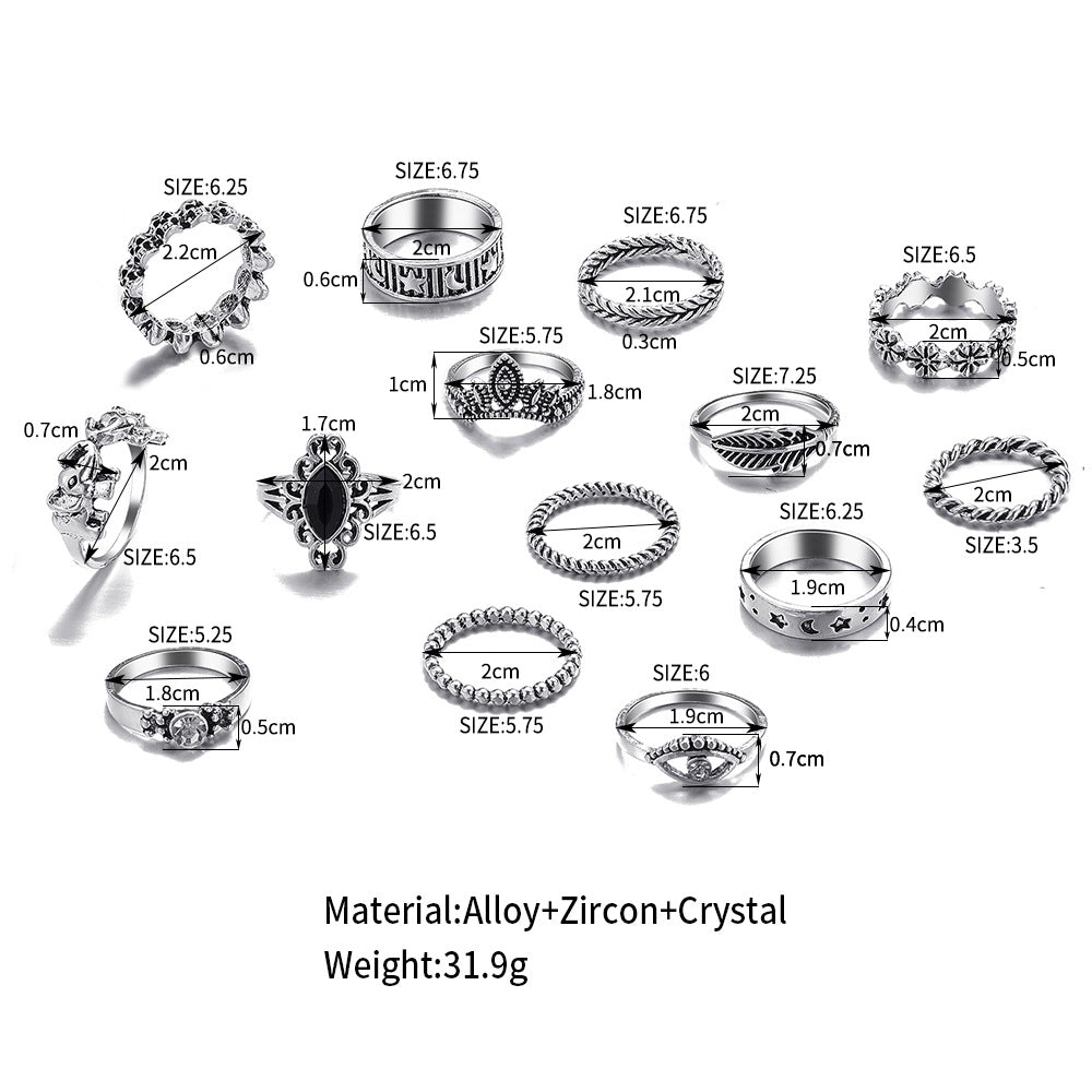 14-piece retro punk silver and black diamond ring set