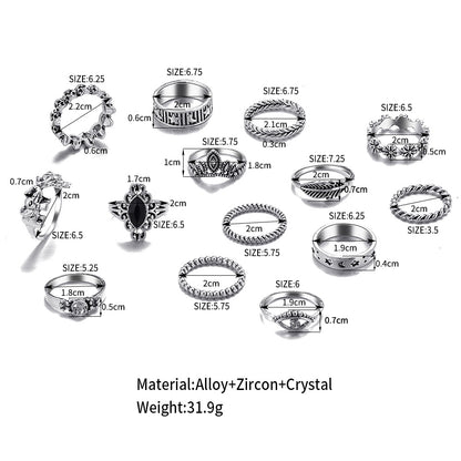 14-piece retro punk silver and black diamond ring set