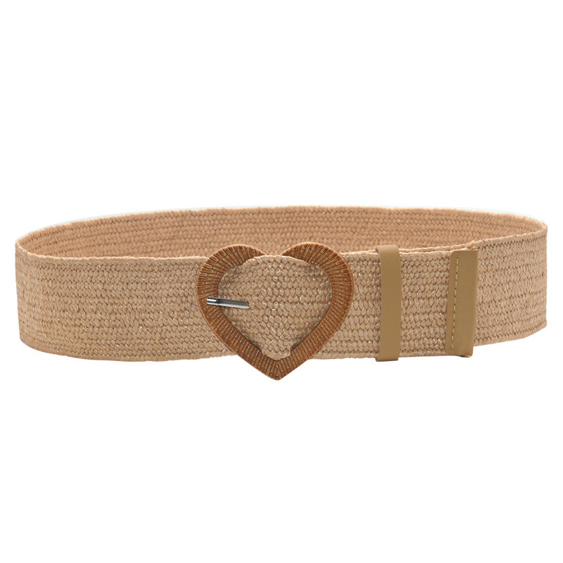 Heart-shaped wooden buckle pp grass woven elastic belt