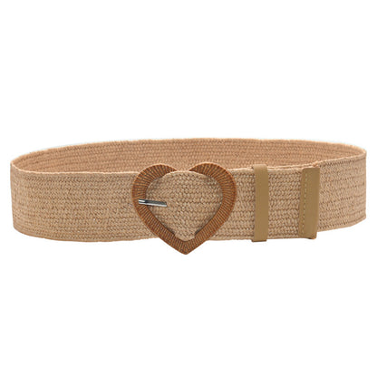 Heart-shaped wooden buckle pp grass woven elastic belt